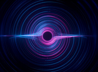 Abstract artwork featuring concentric circles of vibrant blue and pink light, swirling around a dark central void.  The effect evokes a sense of energy and movement.