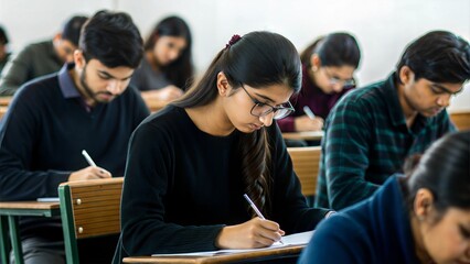  Indian students sitting in rows in an exam hall, concentrating on their papers, with a focus on the seriousness and discipline during examinations.
