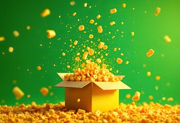 A burst of golden cereal explodes from a yellow box against a vibrant green background. This cheerful, dynamic image is perfect for breakfast, food, and snack brands, conveying energy, health and joyf