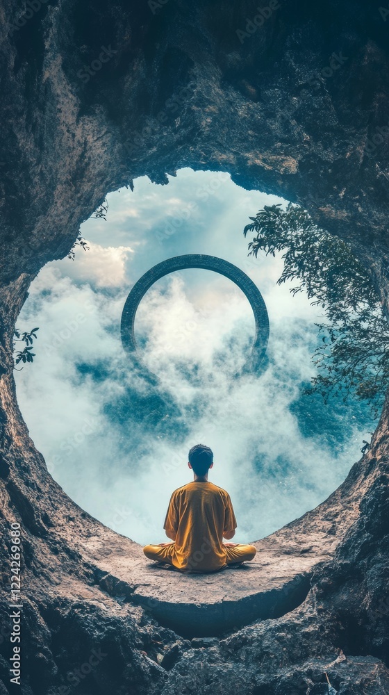 Poster a man is sitting in a cave with a large circle in the background