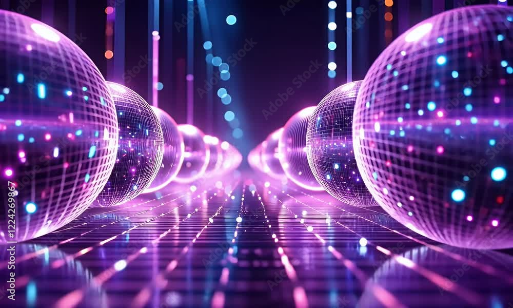 Poster Glowing spheres line futuristic corridor; digital data streams background; tech concept