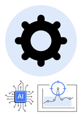 Gear symbolizing automation, AI chip representing intelligence, and chart with target for data analysis. Ideal for technology, AI, machine learning, efficiency, innovation, precision abstract line