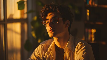 Fototapeta premium A polished studio captures a confident individual exuding authenticity and style, illuminated by warm lighting that enhances their thoughtful expression.