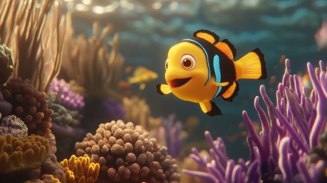 Happy clownfish swims coral reef, ocean background, animation (1)