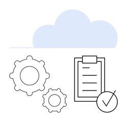 Cloud icon, gears, checklist, and checkmark representing workflow automation, task management, collaboration, and cloud services. Ideal for productivity, operations tech and abstract line flat