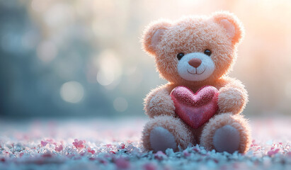 Romantic and Cute Teddy Bear Sitting on a Fluffy Surface, Holding a Red Heart with Gentle Bokeh Lights in the Background