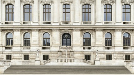 Obraz premium International court facade with grand architecture and flagpoles, symbolizing justice and global cooperation in resolving disputes.