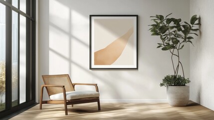 Minimalist interior with 16x20 blank frame mockup on white wall, chair and plant
