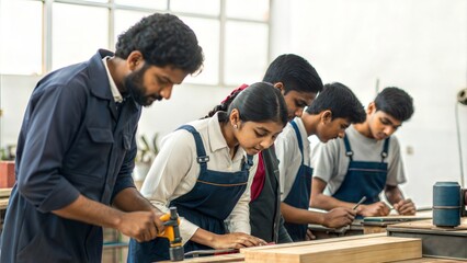 A group of Indian students engaged in a vocational training session, possibly learning skills like carpentry, welding, or cooking, highlighting alternative education options in India.
