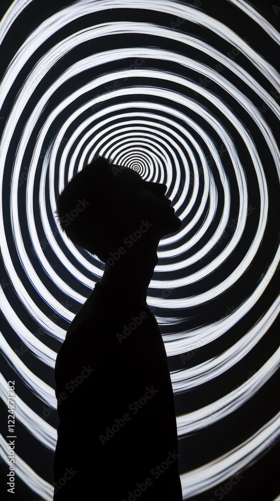 Poster silhouette of a person against a hypnotic spiral background creating a mesmerizing visual effect