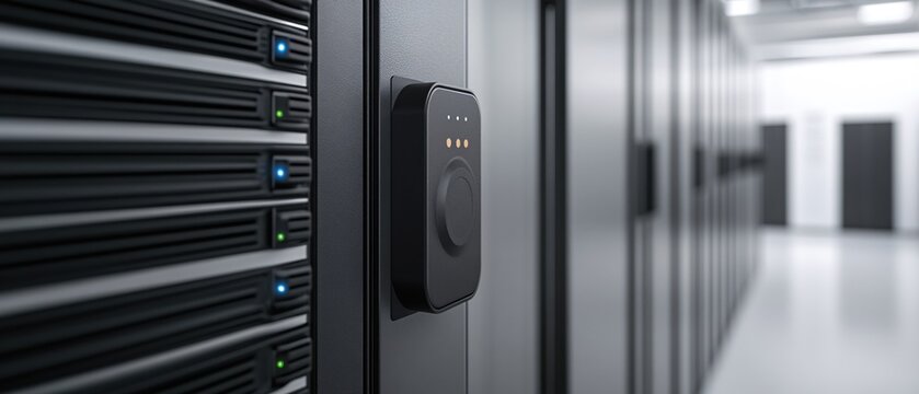 Server room with black servers and a black access control device in a data center environment
