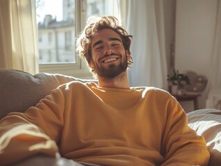 Smiling man with beard in yellow sweater relaxing on sofa in bright sunlit room