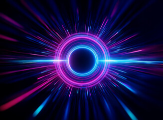 A vibrant, abstract image depicting a glowing neon circle emanating light streaks.  The color palette includes vivid pink, purple, and blue hues against a dark background, suggesting speed and energy.