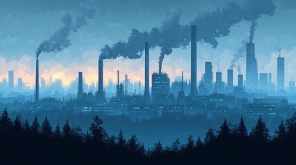 Fototapeta premium Line Art Illustration of Industrial Landscape with Oil Refinery and Smokestacks