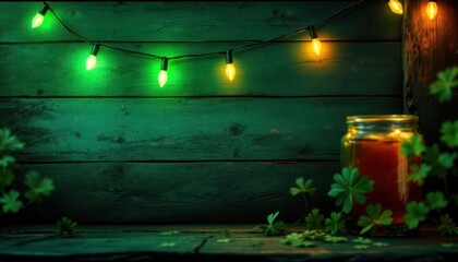 Rustic wooden background with festive green and yellow string lights and candle for st. patrick's day