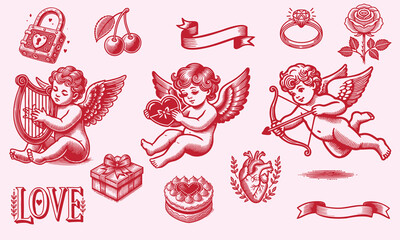 Cute elements decorated with Cupids, cherry, heart, ring, padlock, cake and gift box. Elegant vintage angel with bow. line art vector illustrations for wedding.