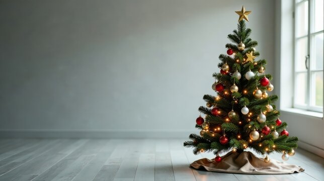 A beautifully decorated evergreen Christmas tree with red and gold ornaments stands elegantly on a light wood floor in a bright room near a window.
