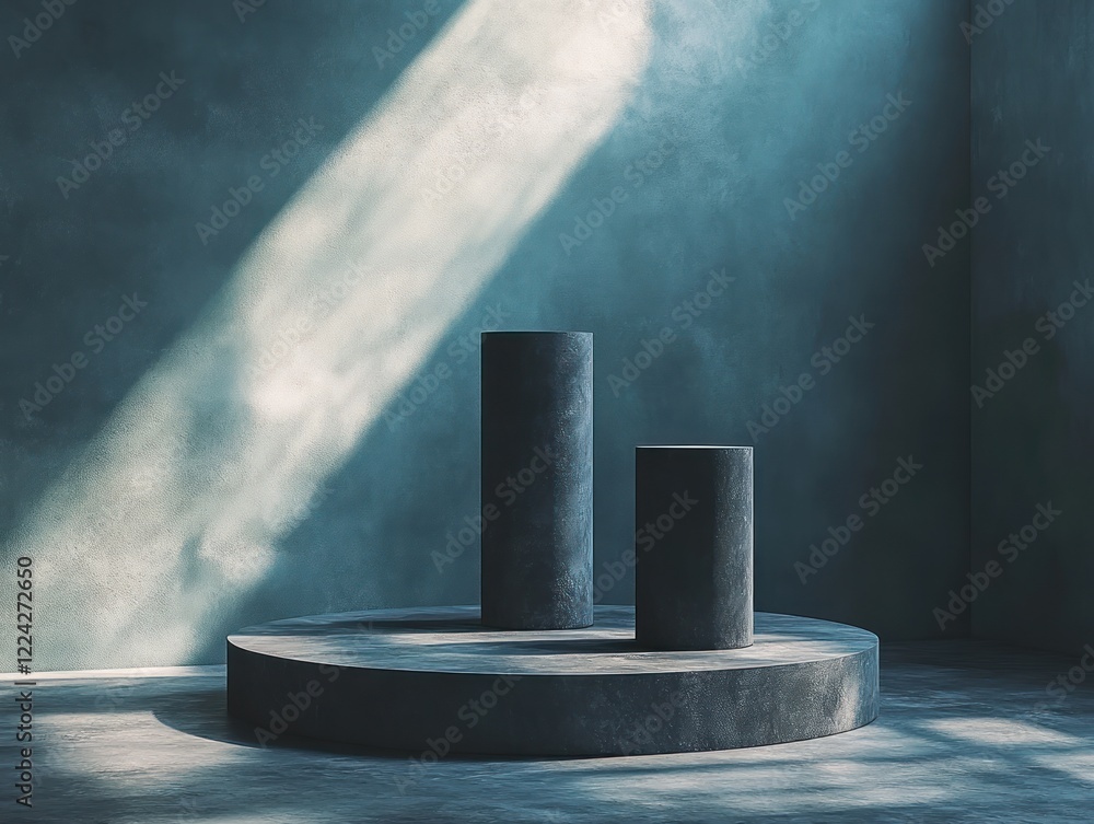 Poster minimalist abstract composition with black cylinders on dark surface for product display and adverti