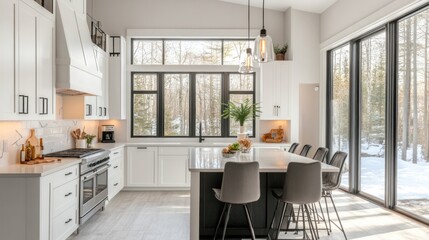 Fototapeta premium Modern kitchen with sleek white cabinets and a large window showcasing a winter forest view