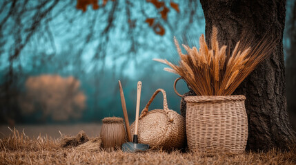 Harvest tools like sickles and baskets