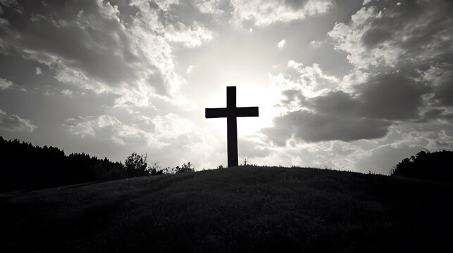 Silhouette of a Cross on a Hill Against a Dramatic Cloudy Sky at Sunset : Generative AI
