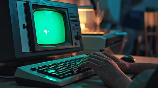 Retro Computer with Green Screen Person Typing Vintage Technology 80s Nostalgia