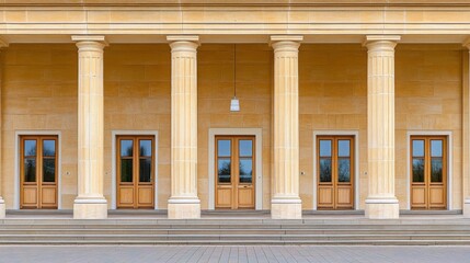 Fototapeta premium International court facade with grand architecture and flagpoles, symbolizing justice and global cooperation in resolving disputes.