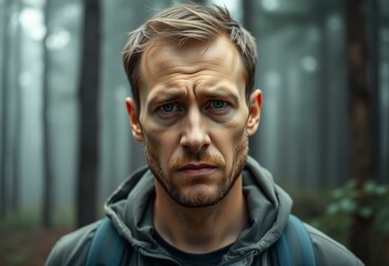 Photorealistic portrait of a person outdoors with a sorrowful expression