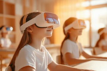 happy indian school children wearing virtual reality glasses