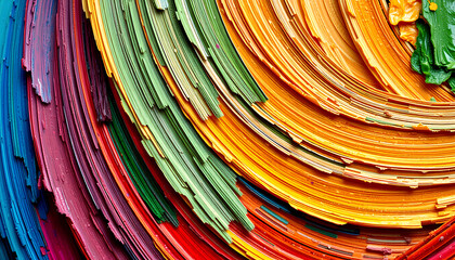 A mesmerizing close-up of colorful paint strokes overlapping in layers, forming a rich tapestry of textures and hues