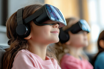 happy indian school children wearing virtual reality glasses