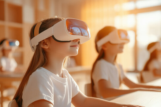 happy indian school children wearing virtual reality glasses