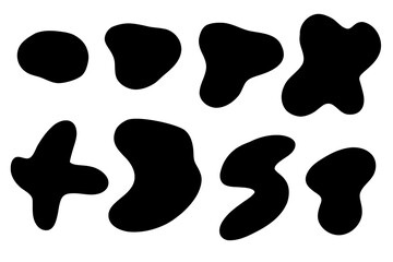 Organic random spot. Nature irregular shapes, stone or liquid  black blobs. Abstract pebble silhouettes, blotch and inkblot. Simple minimal liquid splodge elements water forms isolated on white.