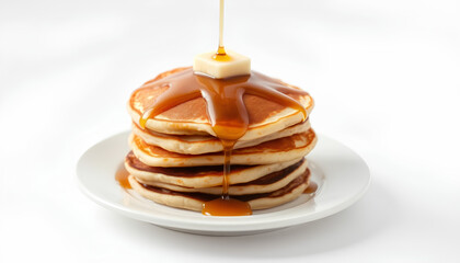 A stack of fluffy pancakes drizzled with maple syrup and topped with a pat of butter, set against a white background