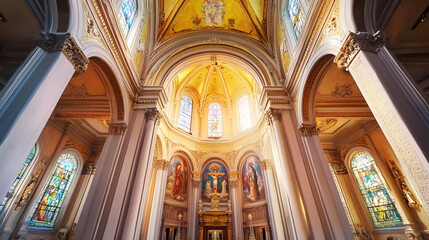 Fototapeta premium Majestic Cathedral Interior with Stained Glass and Ornate Architecture Illuminated by Sunset : Generative AI