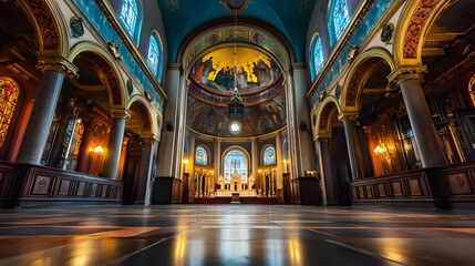 Fototapeta premium Beautifully Decorated Church Interior with Rich Tapestries and Golden Iconography : Generative AI