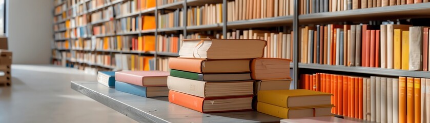 Cozy library scene with stacks of books and colorful shelves, perfect for study or reading.