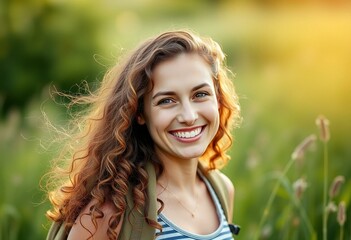 Naklejka premium Female outdoor enthusiast in a green meadow