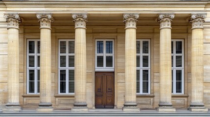 Obraz premium International court facade with grand architecture and flagpoles, symbolizing justice and global cooperation in resolving disputes.