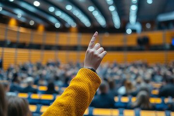 A person in the international meeting room is raising their hand to a large audience sitting and listening in a conference hall with wood paneling, with a blurred background,