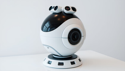 A spherical robot with camera-like sensors and a rotating base, futuristic design, displayed on a white surface