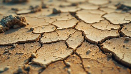 Obraz premium Cracked desert earth texture in sunlit environment highlighting climate change impact