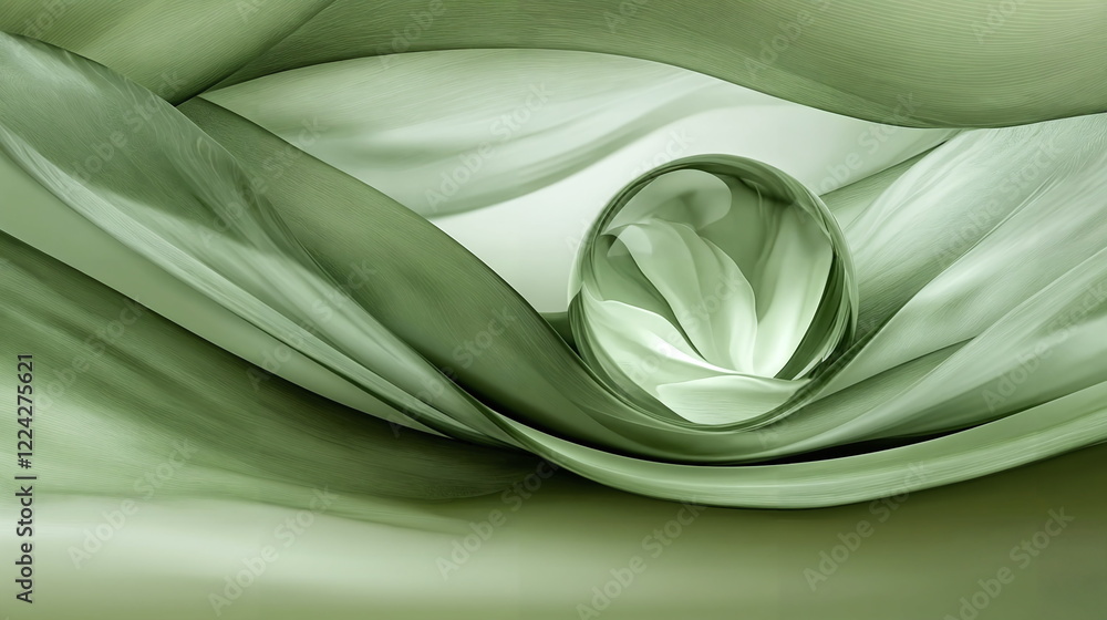 Poster elegant green fabric swirling around a glass orb creating soft waves and a dreamy atmosphere with li