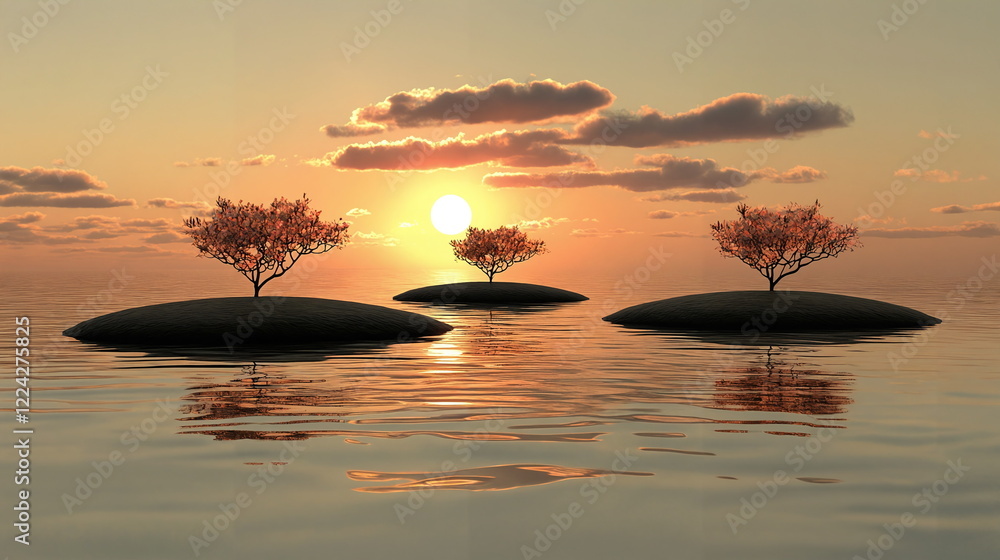 Poster beautiful sunset over calm water with three small islands, each adorned with flowering trees reflect