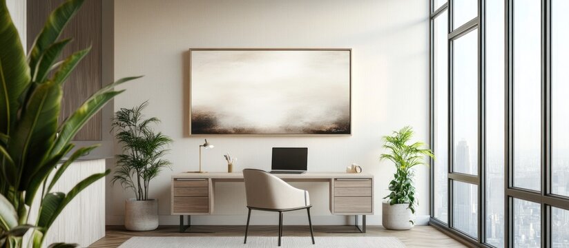 A bright minimalist home office with framed abstract art and large windows overlooking the city