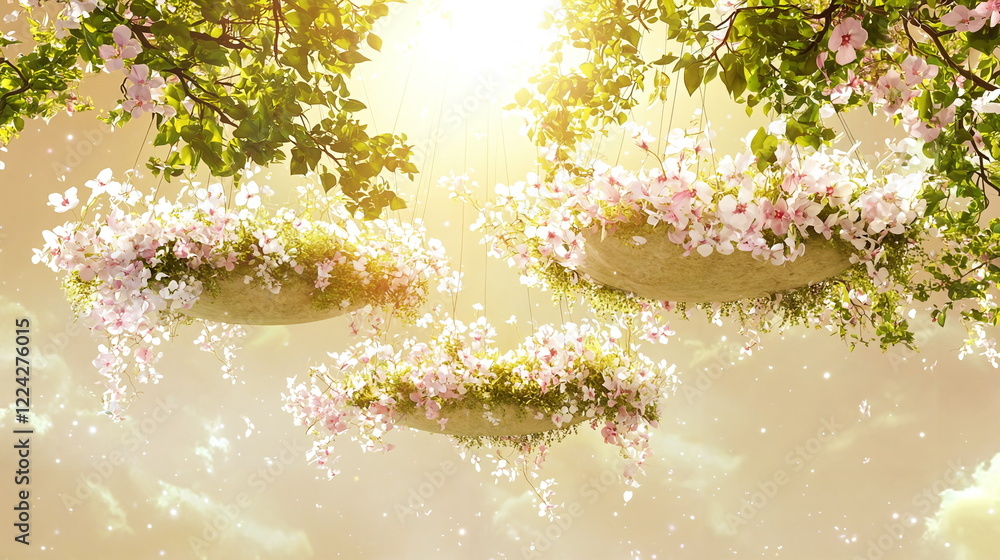 Aufkleber hanging flower baskets illuminated by warm sunlight with soft bokeh effect in a dreamy garden settin