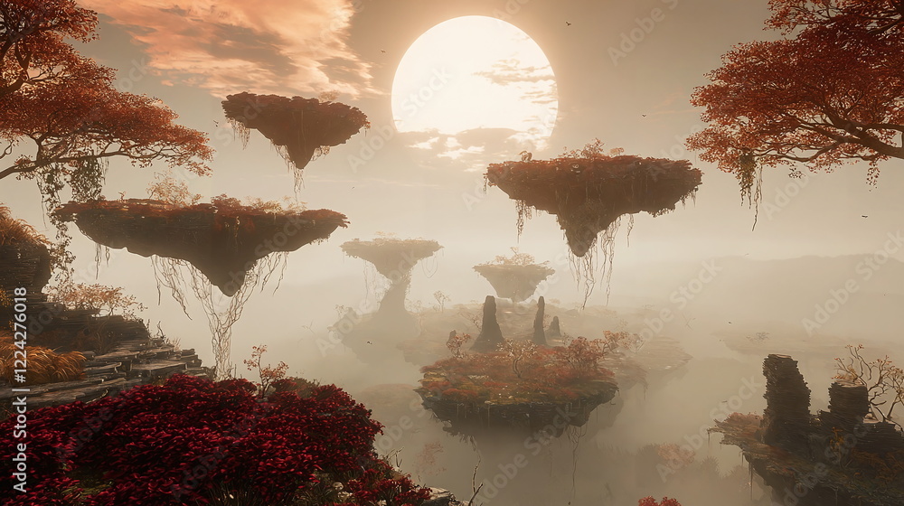 Poster floating islands surrounded by mist and lush vegetation with a bright sun setting in the background 