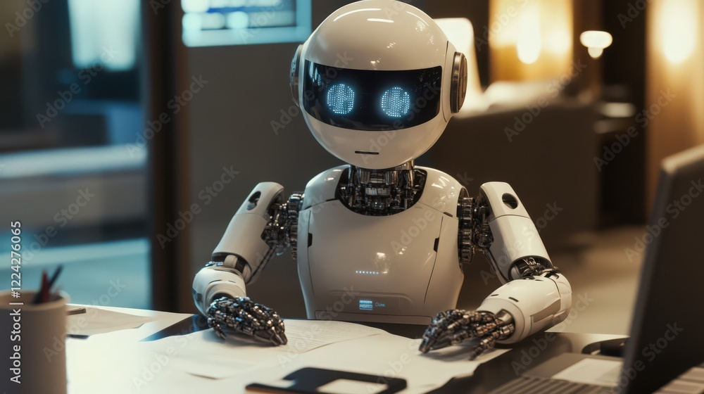 Aufkleber a white robot with glowing blue eyes sits at a desk working with papers and a computer in a modern o