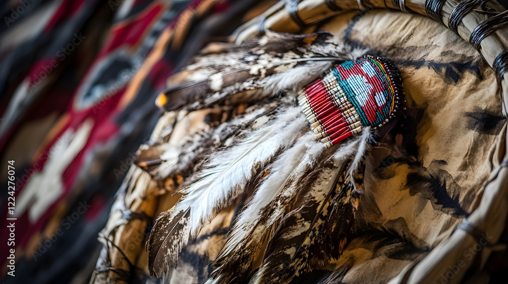 Poster intricate indigenous feathers and beadwork art on traditional fabric : generative ai