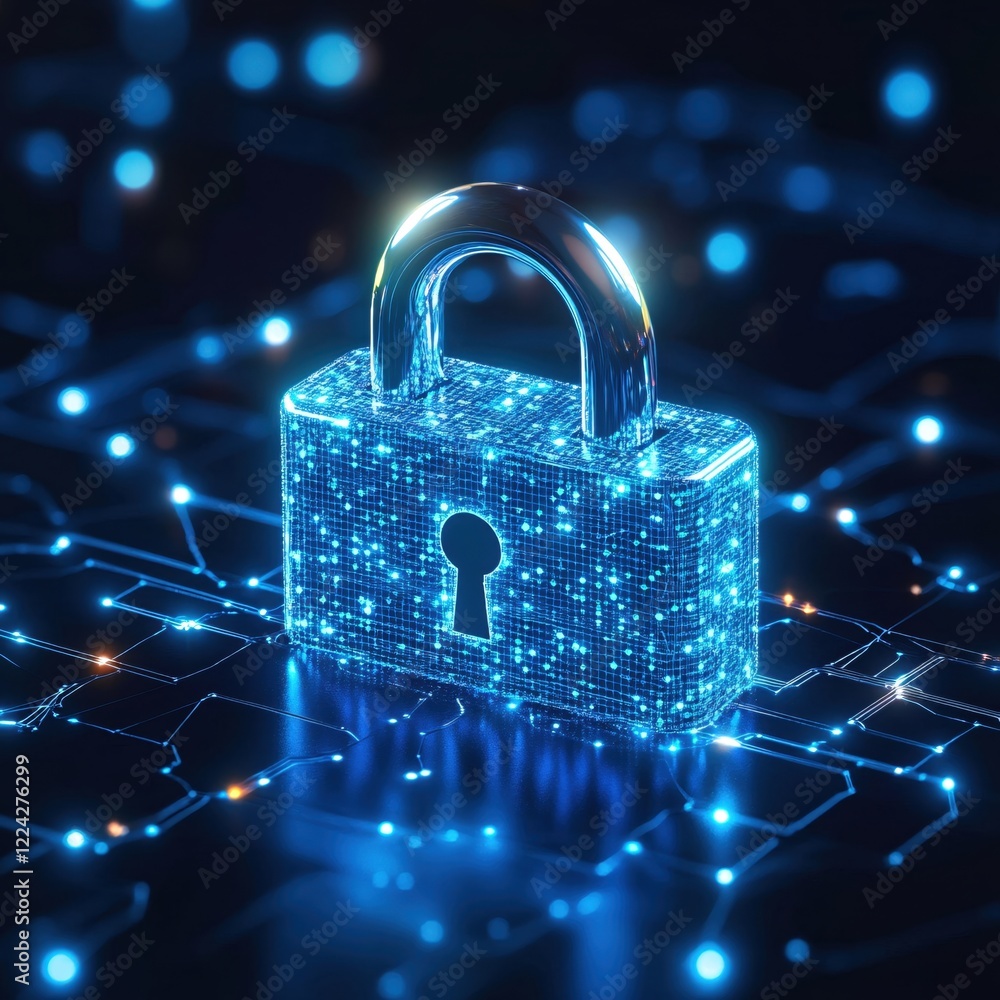 Poster digital padlock on circuit board with glowing nodes and bokeh lights in dark background